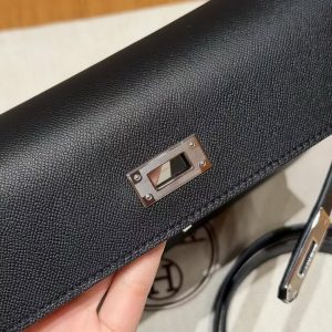 Hermes Kelly Elan Handmade In Madame Calfskin Leather Silver Hardware 89 Noir - Image 8