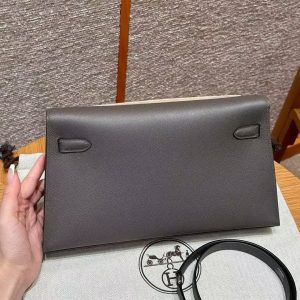 Hermes Kelly Elan Handmade In Madame Calfskin Leather Silver Hardware 8F Gris Etain - Image 2