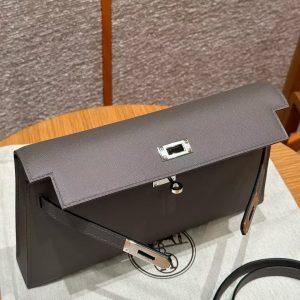 Hermes Kelly Elan Handmade In Madame Calfskin Leather Silver Hardware 8F Gris Etain - Image 14