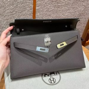 Hermes Kelly Elan Handmade In Madame Calfskin Leather Silver Hardware 8F Gris Etain - Image 13