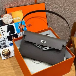 Hermes Kelly Elan Handmade In Madame Calfskin Leather Silver Hardware 8F Gris Etain - Image 4