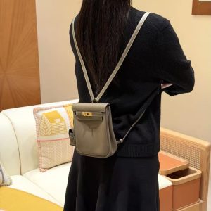 Hermes Kelly Jump Backpack Handmade In Swift Calfskin Leather Gold Hardware 18 Etoupe - Image 4