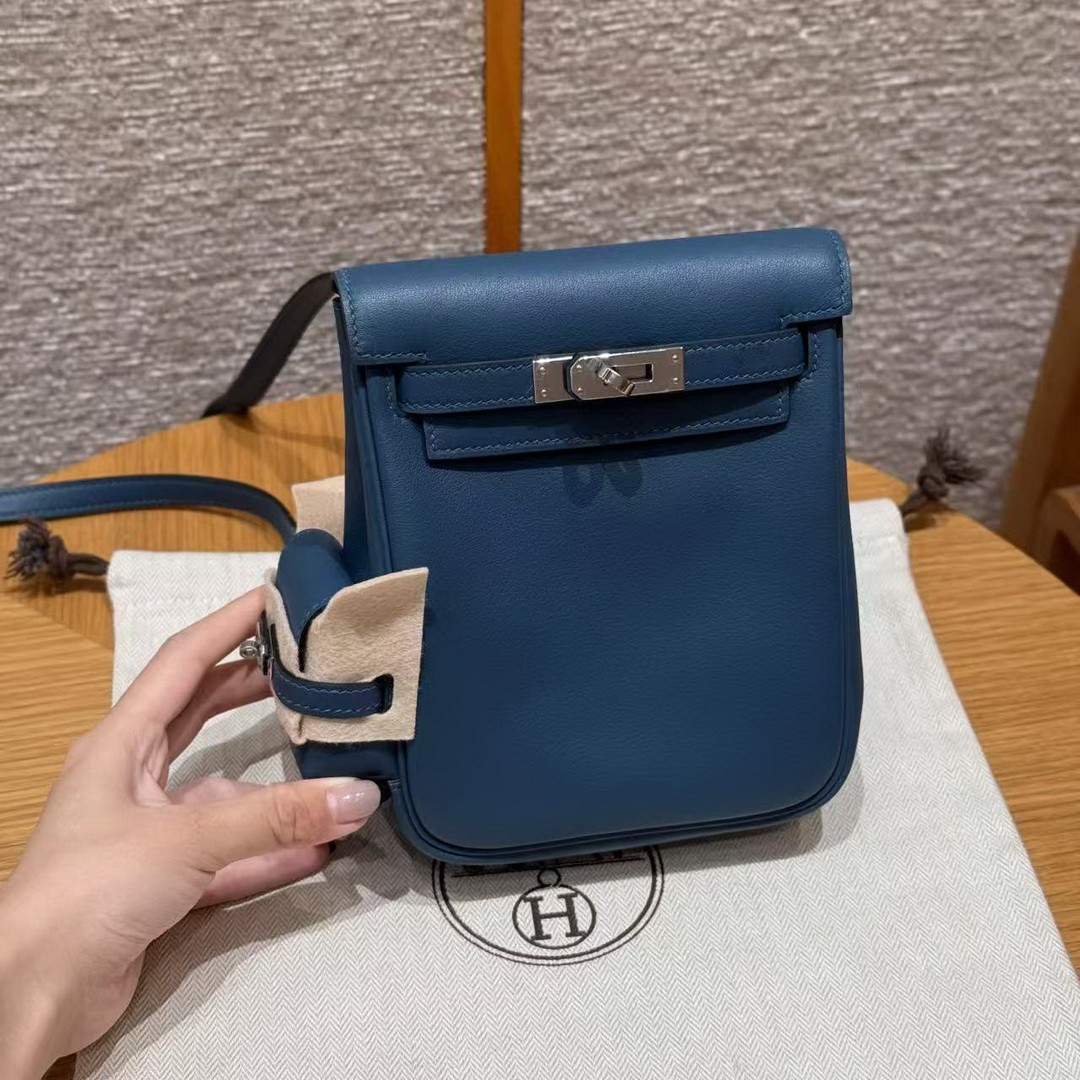 Hermes Kelly Jump Backpack Handmade In Swift Calfskin Leather Silver Hardware 7P Bleu De Prusse