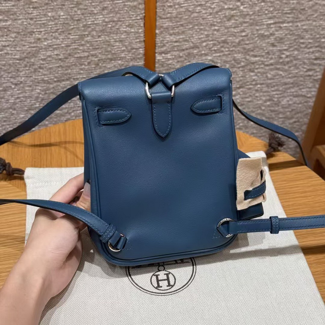 Hermes Kelly Jump Backpack Handmade In Swift Calfskin Leather Silver Hardware 7P Bleu De Prusse - Image 2