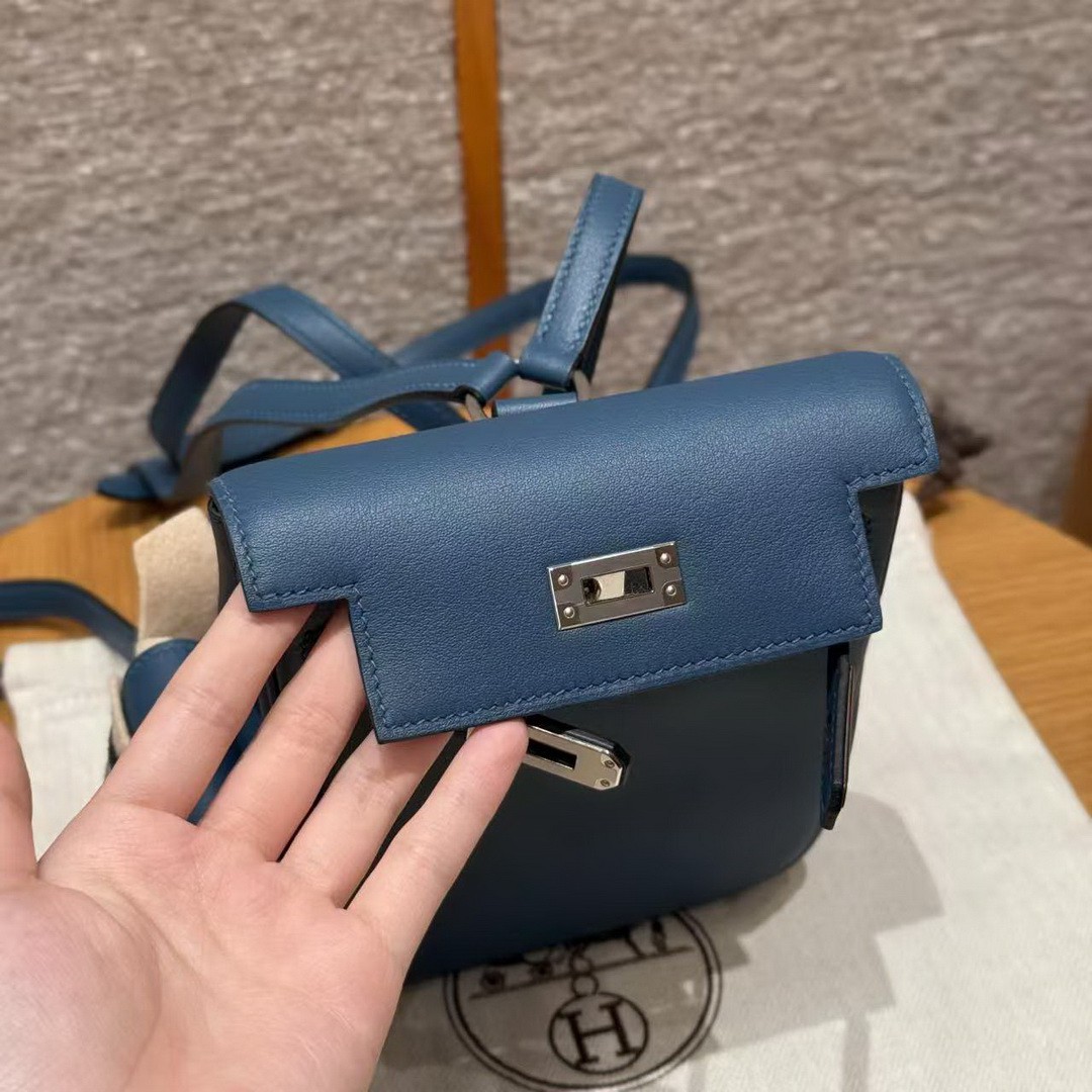 Hermes Kelly Jump Backpack Handmade In Swift Calfskin Leather Silver Hardware 7P Bleu De Prusse - Image 18
