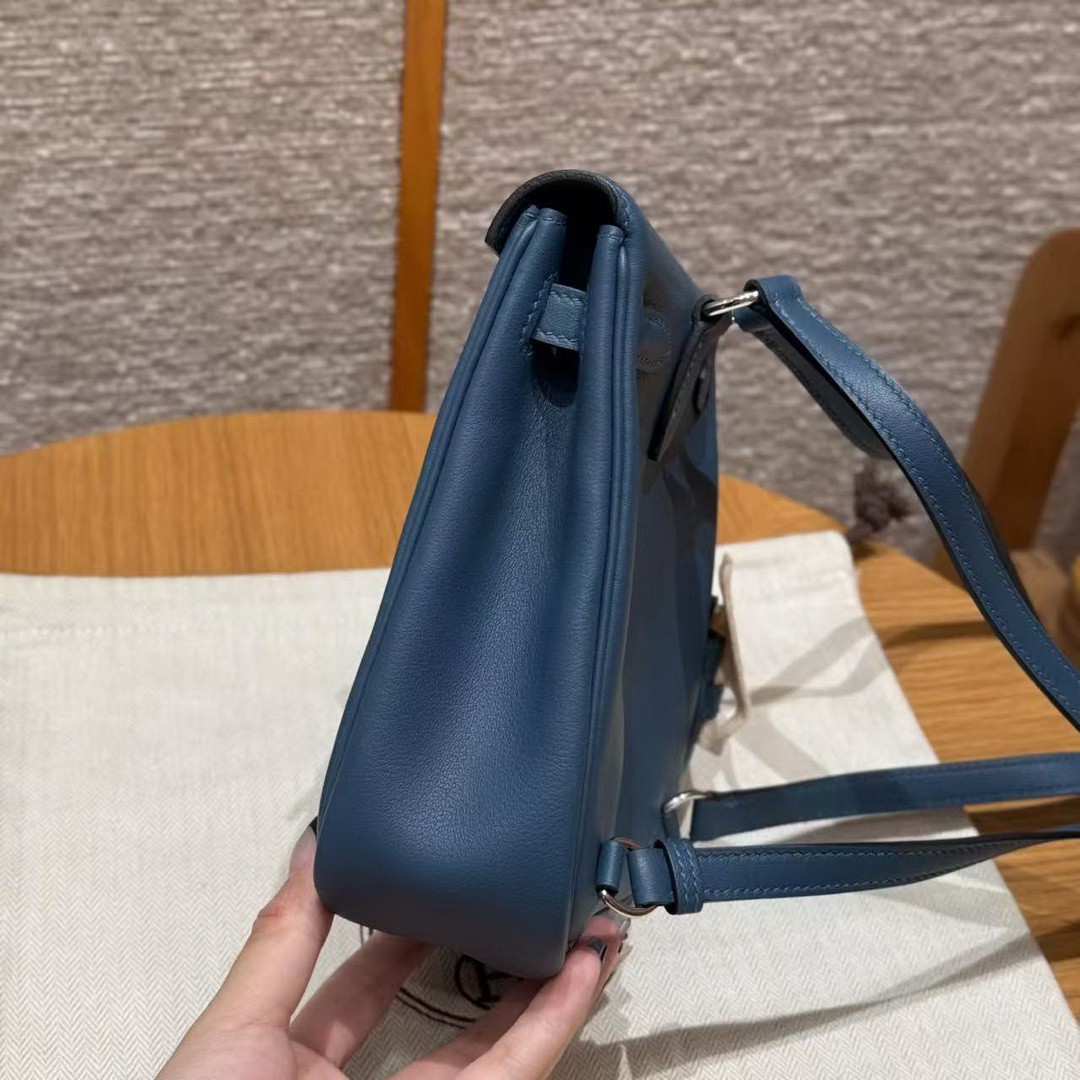 Hermes Kelly Jump Backpack Handmade In Swift Calfskin Leather Silver Hardware 7P Bleu De Prusse - Image 11