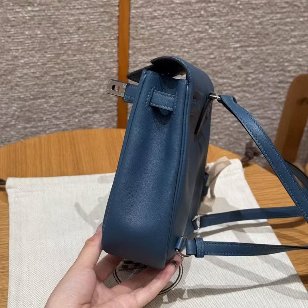 Hermes Kelly Jump Backpack Handmade In Swift Calfskin Leather Silver Hardware 7P Bleu De Prusse - Image 9