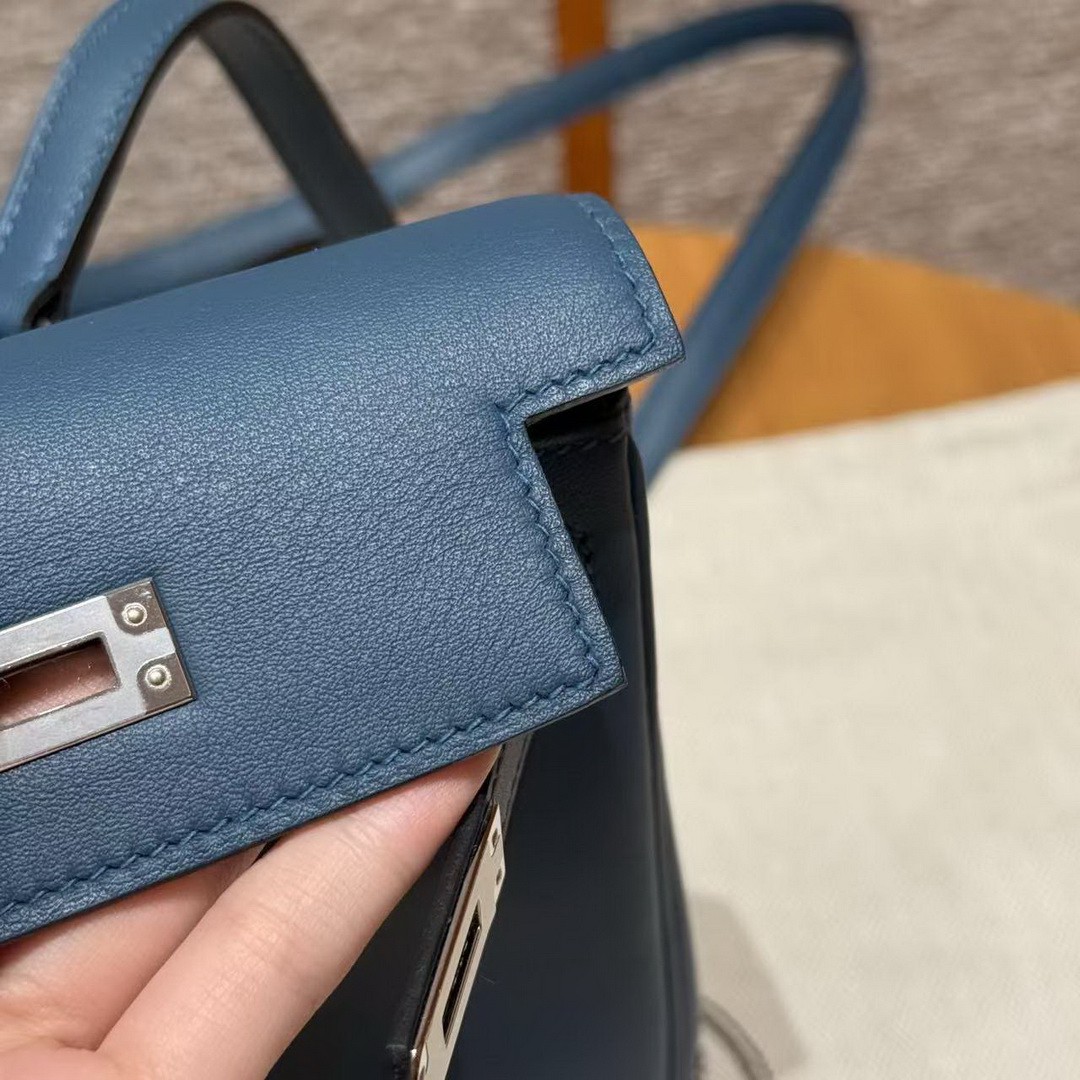 Hermes Kelly Jump Backpack Handmade In Swift Calfskin Leather Silver Hardware 7P Bleu De Prusse - Image 5