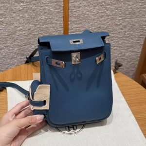 Hermes Kelly Jump Backpack Handmade In Swift Calfskin Leather Silver Hardware 7P Bleu De Prusse - Image 4