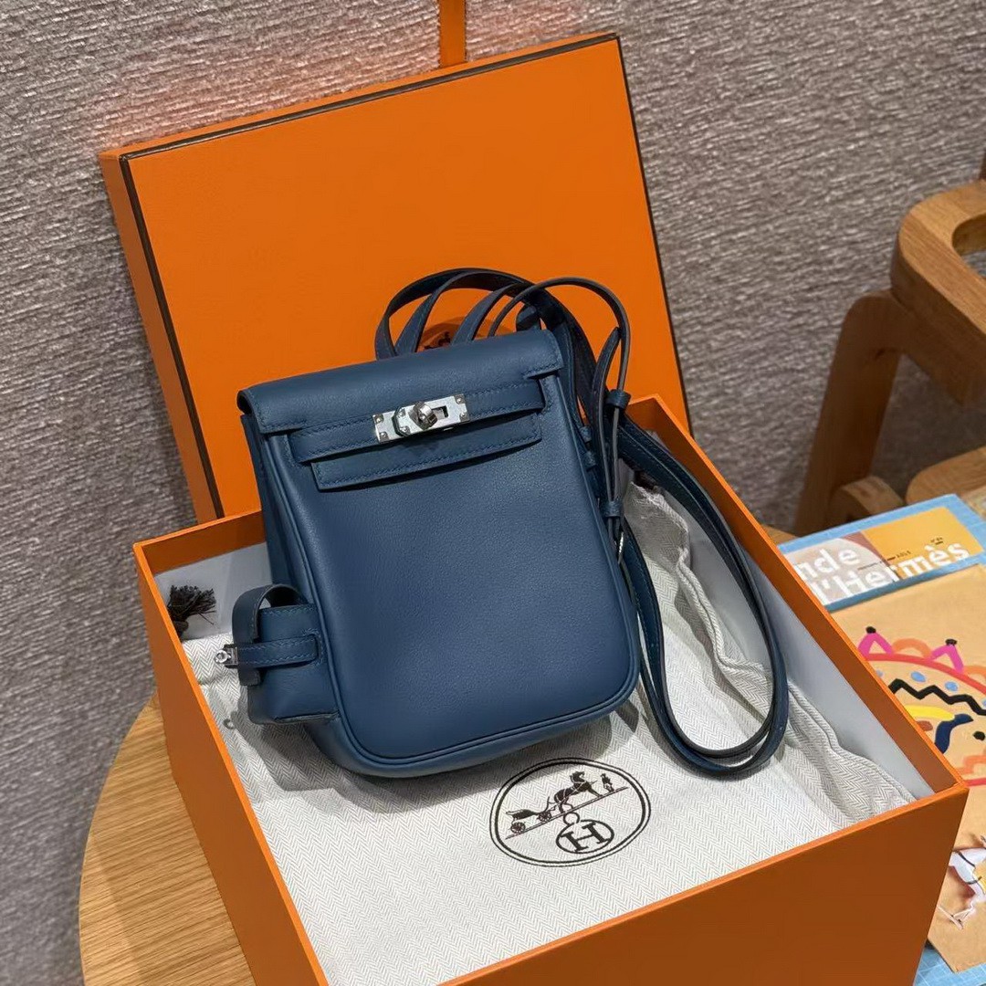 Hermes Kelly Jump Backpack Handmade In Swift Calfskin Leather Silver Hardware 7P Bleu De Prusse - Image 3