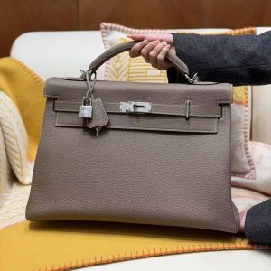 Hermes Kelly Maxi 42 Bag Handmade In Togo Calfskin Leather Silver Hardware 18 Etoupe