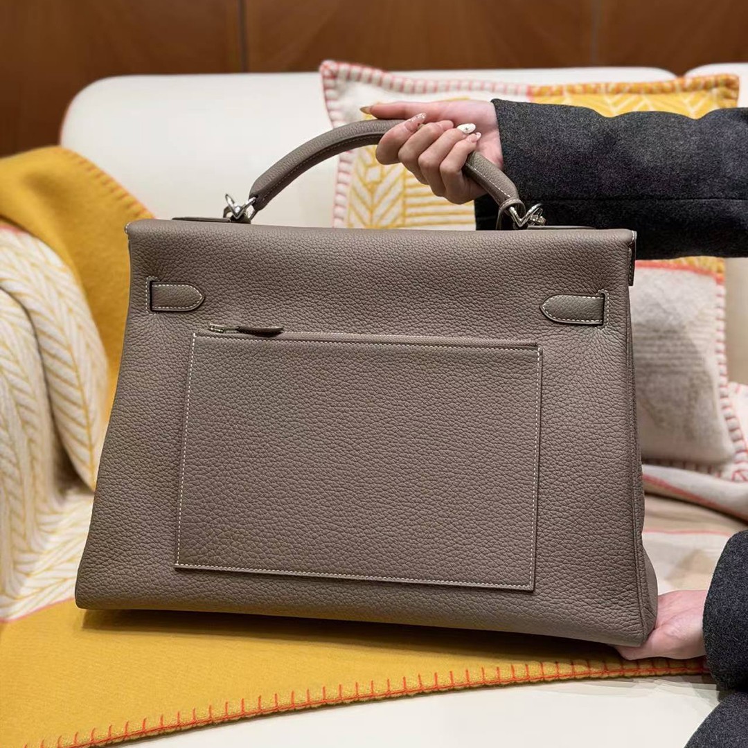 Hermes Kelly Maxi 42 Bag Handmade In Togo Calfskin Leather Silver Hardware 18 Etoupe - Image 2