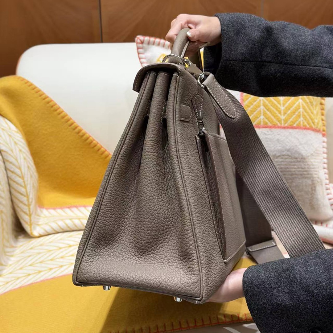 Hermes Kelly Maxi 42 Bag Handmade In Togo Calfskin Leather Silver Hardware 18 Etoupe - Image 18