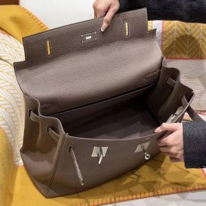 Hermes Kelly Maxi 42 Bag Handmade In Togo Calfskin Leather Silver Hardware 18 Etoupe - Image 15