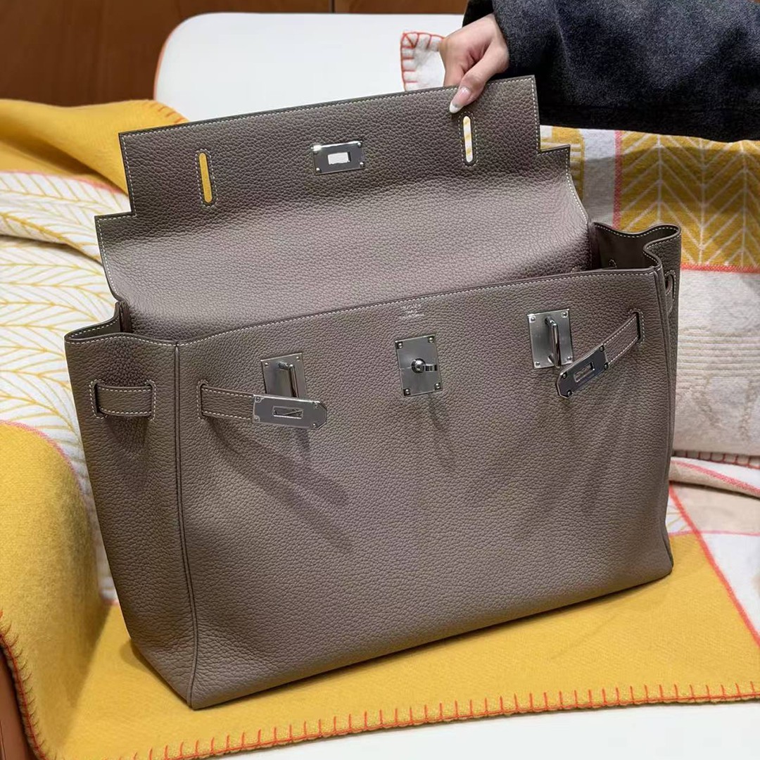 Hermes Kelly Maxi 42 Bag Handmade In Togo Calfskin Leather Silver Hardware 18 Etoupe - Image 14