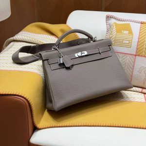 Hermes Kelly Maxi 42 Bag Handmade In Togo Calfskin Leather Silver Hardware 18 Etoupe - Image 11
