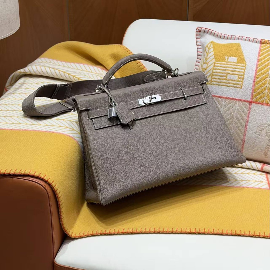 Hermes Kelly Maxi 42 Bag Handmade In Togo Calfskin Leather Silver Hardware 18 Etoupe - Image 11