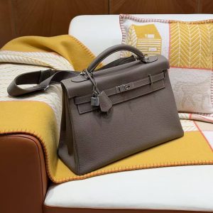 Hermes Kelly Maxi 42 Bag Handmade In Togo Calfskin Leather Silver Hardware 18 Etoupe - Image 10