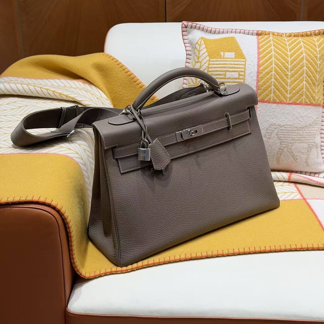 Hermes Kelly Maxi 42 Bag Handmade In Togo Calfskin Leather Silver Hardware 18 Etoupe - Image 10