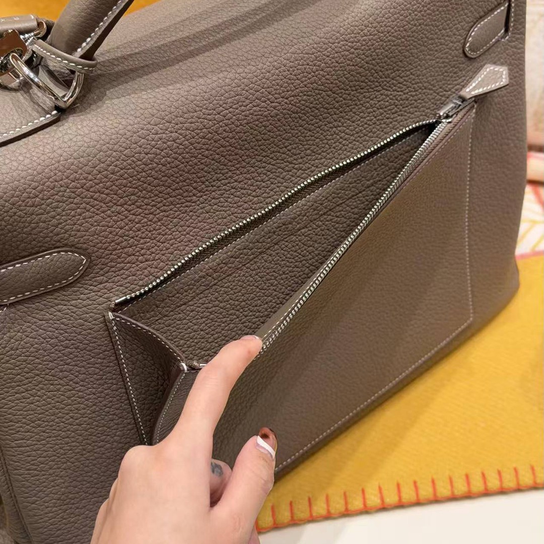 Hermes Kelly Maxi 42 Bag Handmade In Togo Calfskin Leather Silver Hardware 18 Etoupe - Image 6