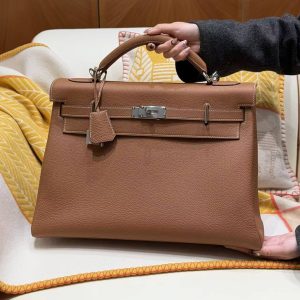 Hermes Kelly Maxi 42 Bag Handmade In Togo Calfskin Leather Silver Hardware 37 Gold