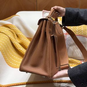 Hermes Kelly Maxi 42 Bag Handmade In Togo Calfskin Leather Silver Hardware 37 Gold - Image 28