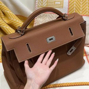 Hermes Kelly Maxi 42 Bag Handmade In Togo Calfskin Leather Silver Hardware 37 Gold - Image 20