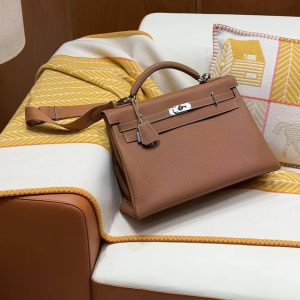Hermes Kelly Maxi 42 Bag Handmade In Togo Calfskin Leather Silver Hardware 37 Gold - Image 12