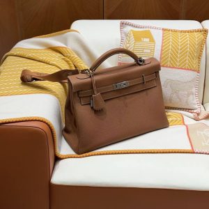 Hermes Kelly Maxi 42 Bag Handmade In Togo Calfskin Leather Silver Hardware 37 Gold - Image 11