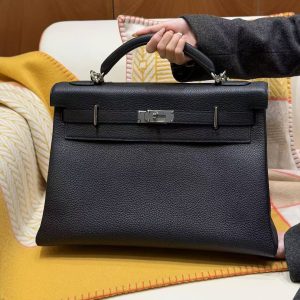 Hermes Kelly Maxi 42 Bag Handmade In Togo Calfskin Leather Silver Hardware 89 Noir