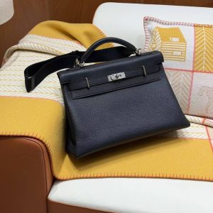 Hermes Kelly Maxi 42 Bag Handmade In Togo Calfskin Leather Silver Hardware 89 Noir - Image 14