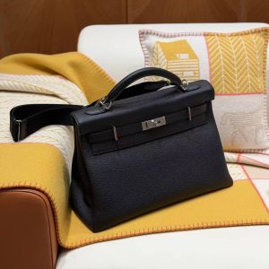 Hermes Kelly Maxi 42 Bag Handmade In Togo Calfskin Leather Silver Hardware 89 Noir - Image 13