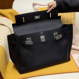 Hermes Kelly Maxi 42 Bag Handmade In Togo Calfskin Leather Silver Hardware 89 Noir - Image 12