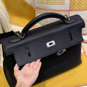 Hermes Kelly Maxi 42 Bag Handmade In Togo Calfskin Leather Silver Hardware 89 Noir - Image 11