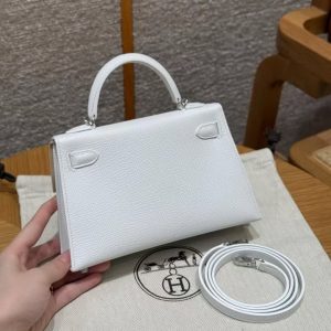 Hermes Kelly Mini 2 19 CM Bag Handmade In Epsom Calfskin Leather Silver Hardware 01 Blanc - Image 2
