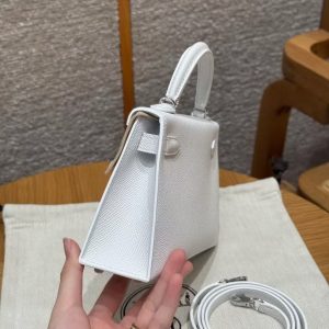 Hermes Kelly Mini 2 19 CM Bag Handmade In Epsom Calfskin Leather Silver Hardware 01 Blanc - Image 26