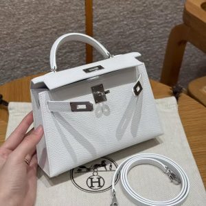 Hermes Kelly Mini 2 19 CM Bag Handmade In Epsom Calfskin Leather Silver Hardware 01 Blanc - Image 17