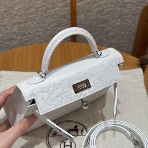 Hermes Kelly Mini 2 19 CM Bag Handmade In Epsom Calfskin Leather Silver Hardware 01 Blanc - Image 16