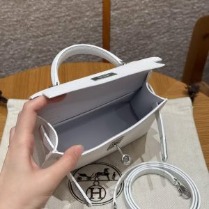 Hermes Kelly Mini 2 19 CM Bag Handmade In Epsom Calfskin Leather Silver Hardware 01 Blanc - Image 13