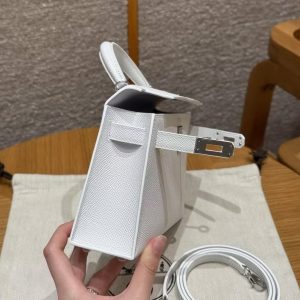 Hermes Kelly Mini 2 19 CM Bag Handmade In Epsom Calfskin Leather Silver Hardware 01 Blanc - Image 11