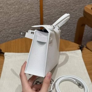 Hermes Kelly Mini 2 19 CM Bag Handmade In Epsom Calfskin Leather Silver Hardware 01 Blanc - Image 10