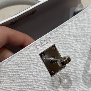 Hermes Kelly Mini 2 19 CM Bag Handmade In Epsom Calfskin Leather Silver Hardware 01 Blanc - Image 8