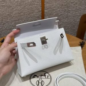 Hermes Kelly Mini 2 19 CM Bag Handmade In Epsom Calfskin Leather Silver Hardware 01 Blanc - Image 5