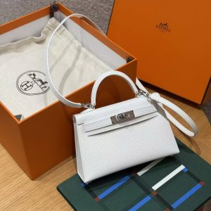 Hermes Kelly Mini 2 19 CM Bag Handmade In Epsom Calfskin Leather Silver Hardware 01 Blanc - Image 4