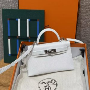Hermes Kelly Mini 2 19 CM Bag Handmade In Epsom Calfskin Leather Silver Hardware 01 Blanc - Image 3