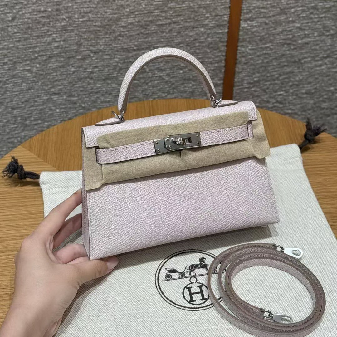 Hermes Kelly Mini 2 19 CM Bag Handmade In Epsom Calfskin Leather Silver Hardware 09 Mauve Pale