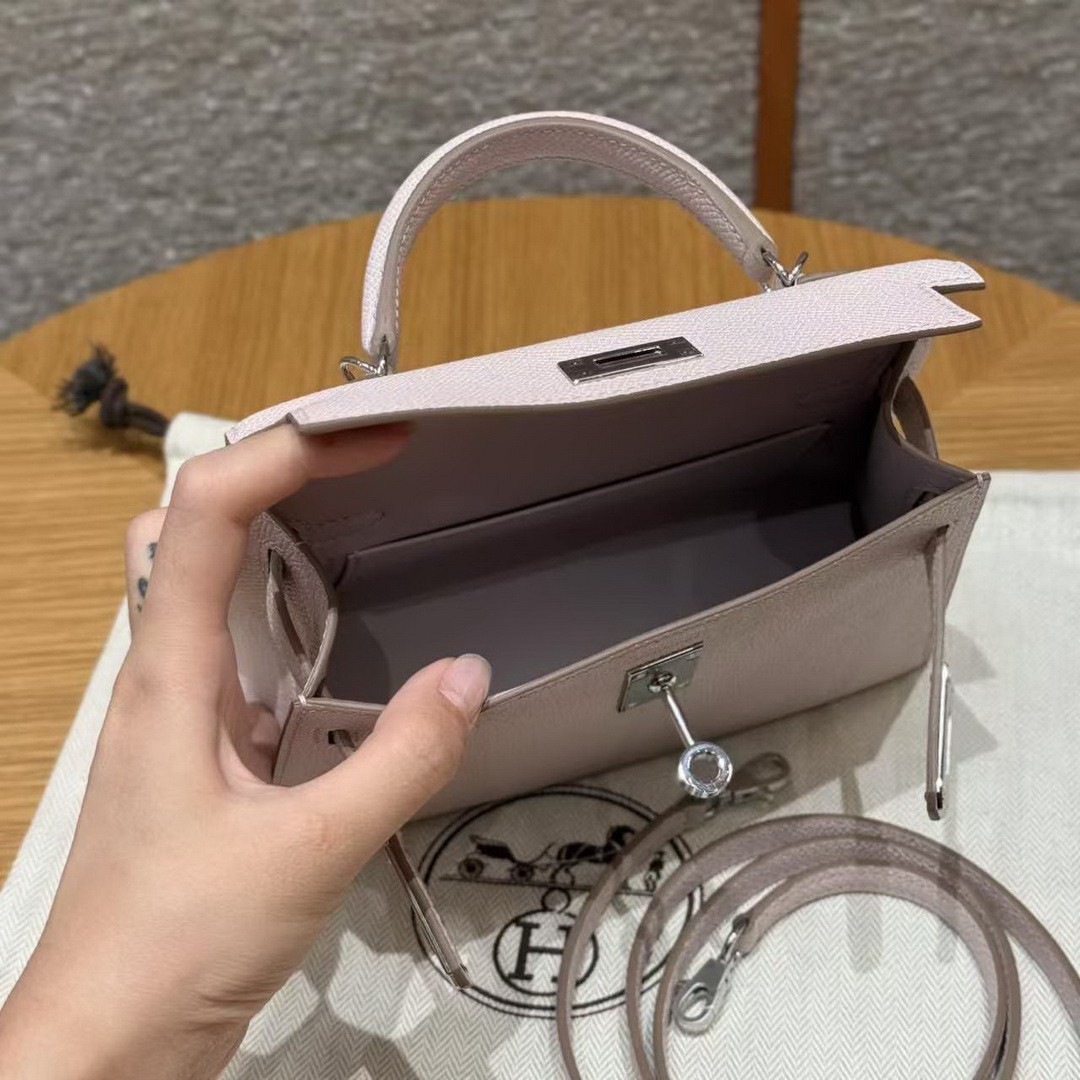 Hermes Kelly Mini 2 19 CM Bag Handmade In Epsom Calfskin Leather Silver Hardware 09 Mauve Pale - Image 22