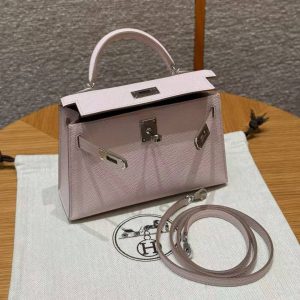 Hermes Kelly Mini 2 19 CM Bag Handmade In Epsom Calfskin Leather Silver Hardware 09 Mauve Pale - Image 20