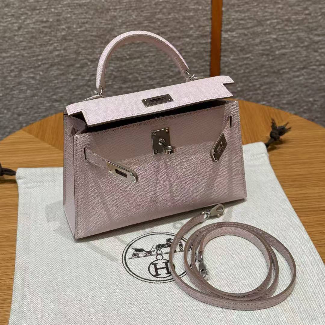 Hermes Kelly Mini 2 19 CM Bag Handmade In Epsom Calfskin Leather Silver Hardware 09 Mauve Pale - Image 20