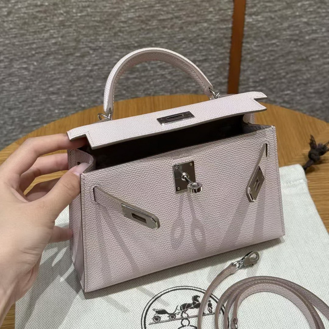 Hermes Kelly Mini 2 19 CM Bag Handmade In Epsom Calfskin Leather Silver Hardware 09 Mauve Pale - Image 19